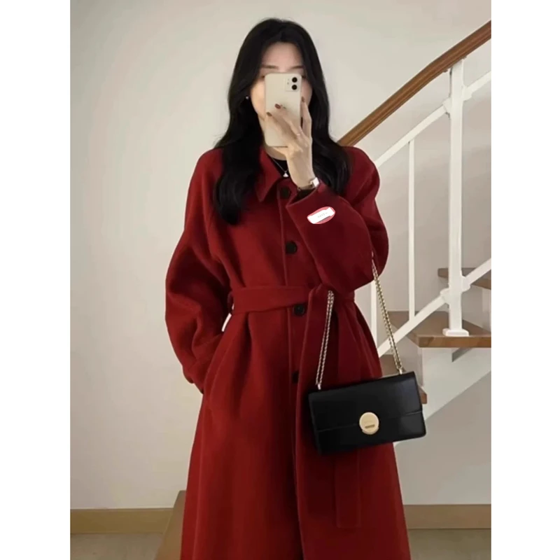 2024秋冬韩版新款显瘦气质时尚中长款赫本风双面呢大衣外套 689