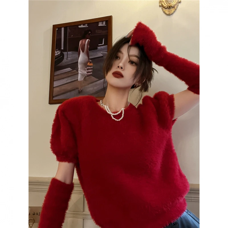 圣诞红氛围感套头圆领保暖毛针织衫秋冬时髦百搭毛衣女可拆卸袖套
