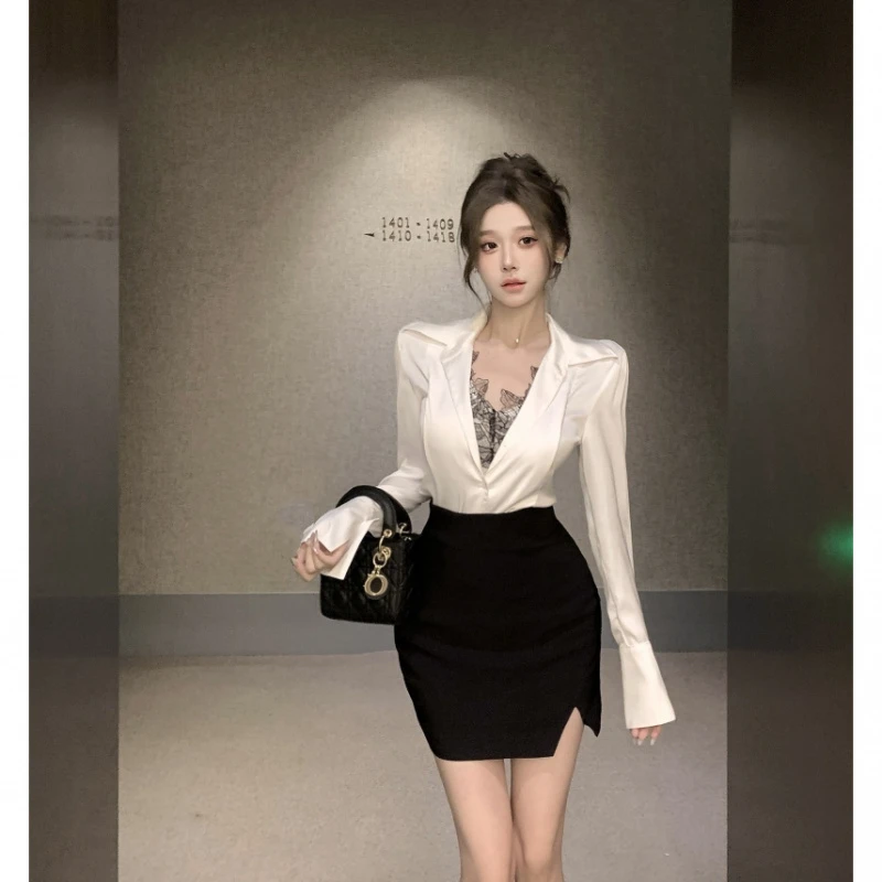 女神范韩里韩气早秋穿搭一整套装春游缎面衬衫半身女装裙子两件套