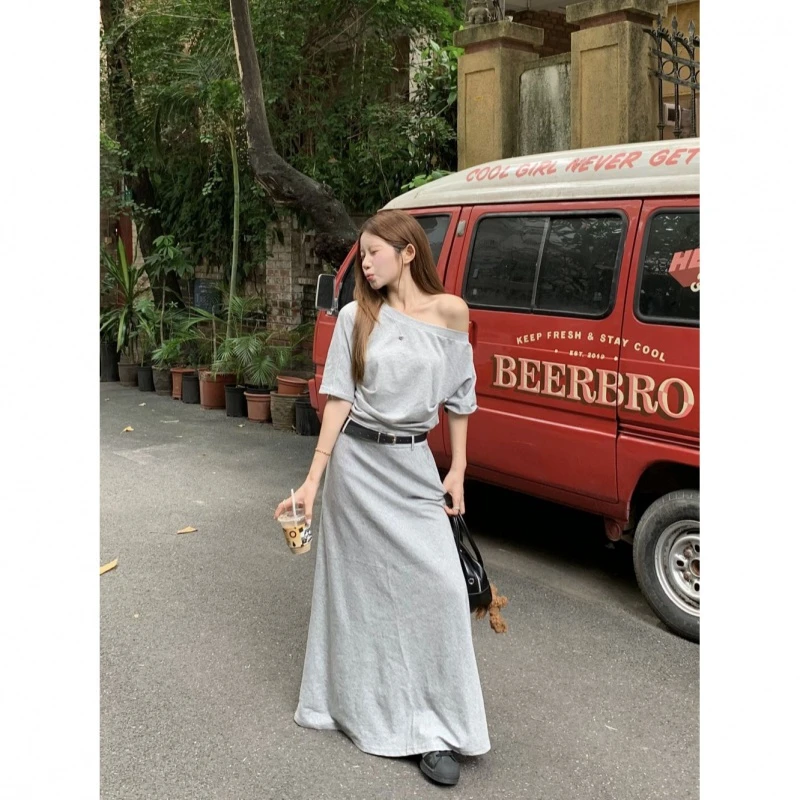 短款辣妹别致显瘦短袖T恤上衣高腰半身裙女夏季新款时尚灰色套装