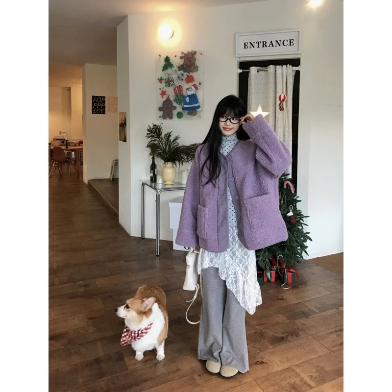 羊羔毛外套女秋冬甜美减龄上衣波点高领打底衫灰色蕾丝裤套装春游