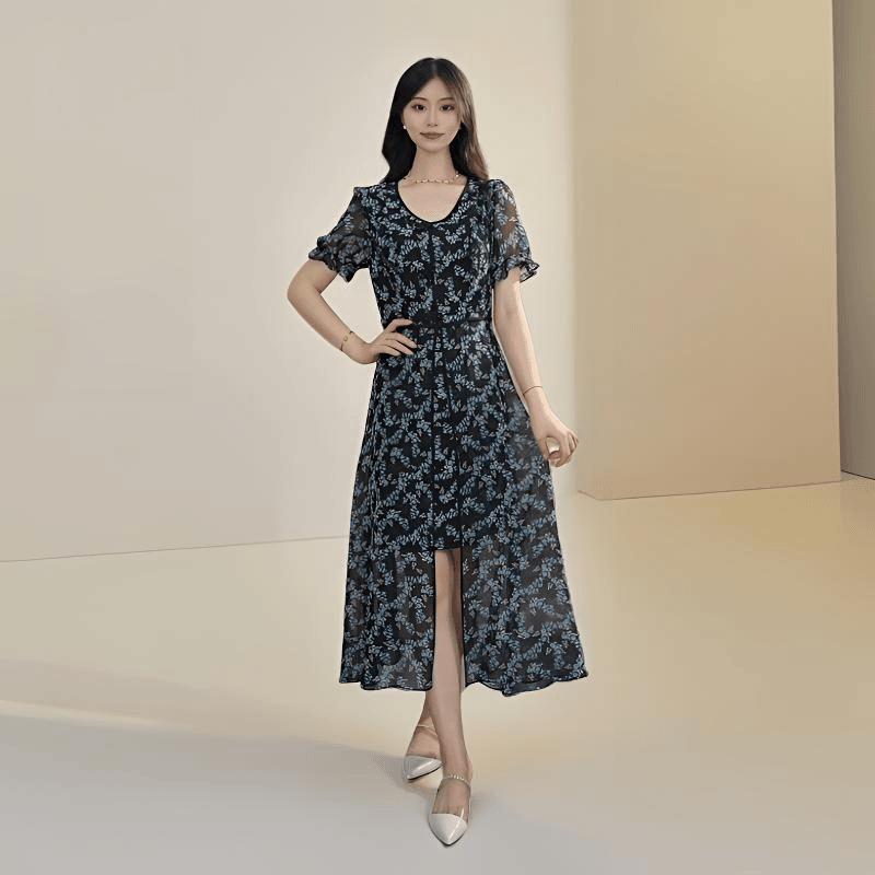 YA-49【优雅碎花爆款】优雅碎花法式V领连衣裙夏款气质显瘦高贵