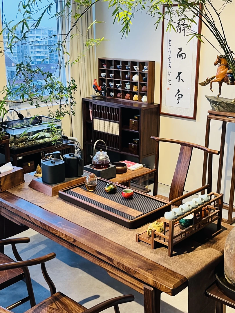 视频同款 乌金木茶桌椅三件套家用小茶几小型茶台全实木新中式