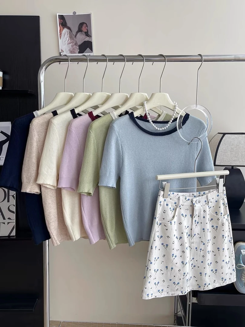 韩系复古花边圆领撞色针织小衫短袖女春夏内外穿百搭打底T恤上衣