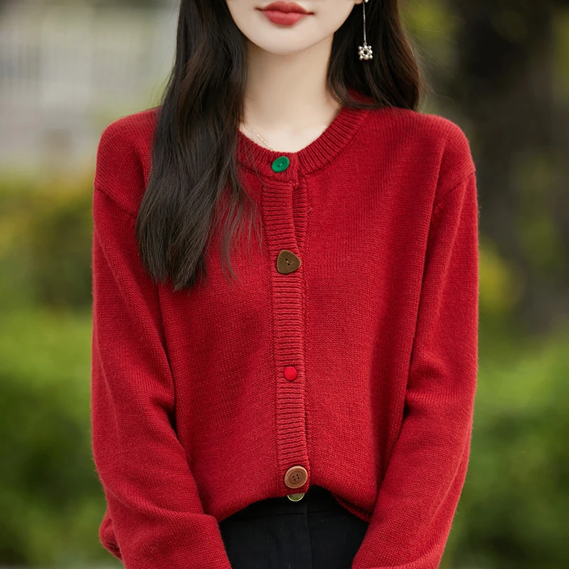 24年秋冬季新款100%纯羊毛开衫加厚款针织外套彩扣宽松版毛衣女