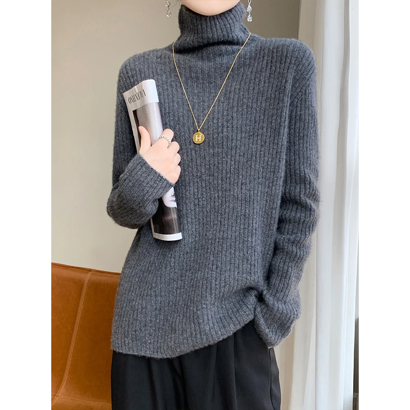 一线成衣100%纯羊毛衫抽条宽松版高领纯色百搭气质女装针织毛衣
