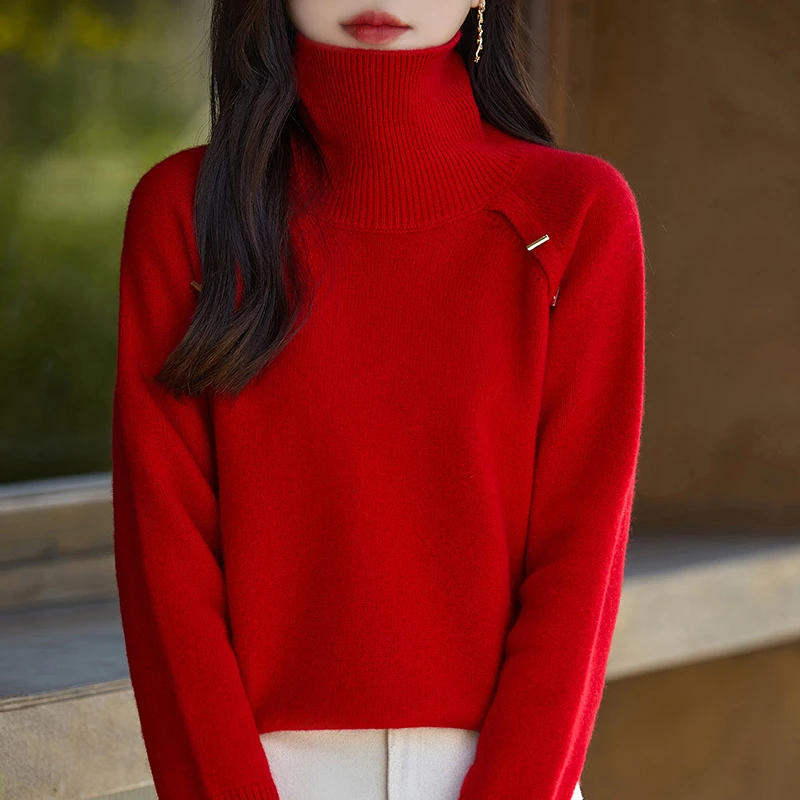 秋冬季100%纯羊毛衫高领金扣宽松版针织毛衣纯色百搭打底中国红女