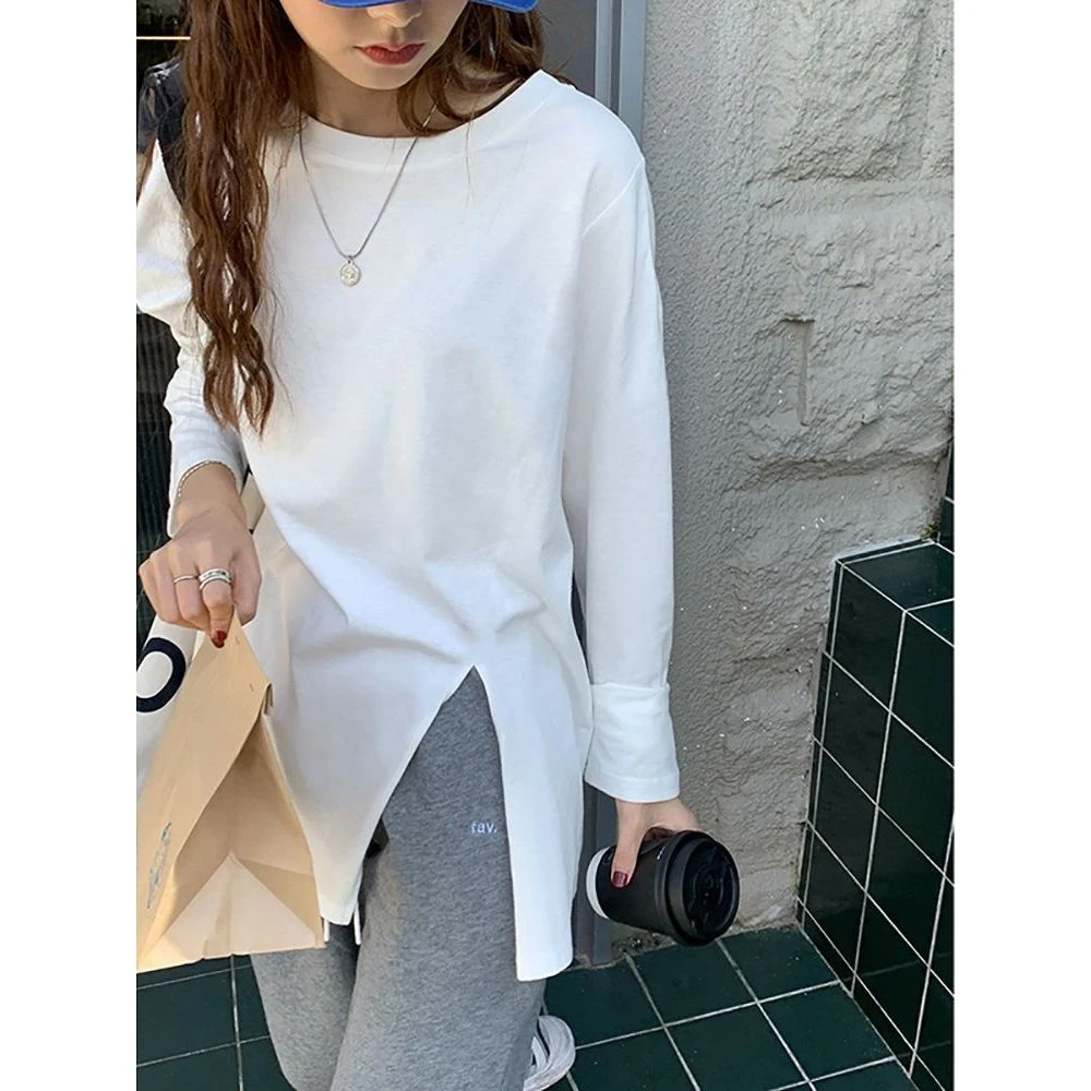 100%纯棉设计感网红同款开叉长袖T恤卫衣女装春秋季宽松上衣ins潮