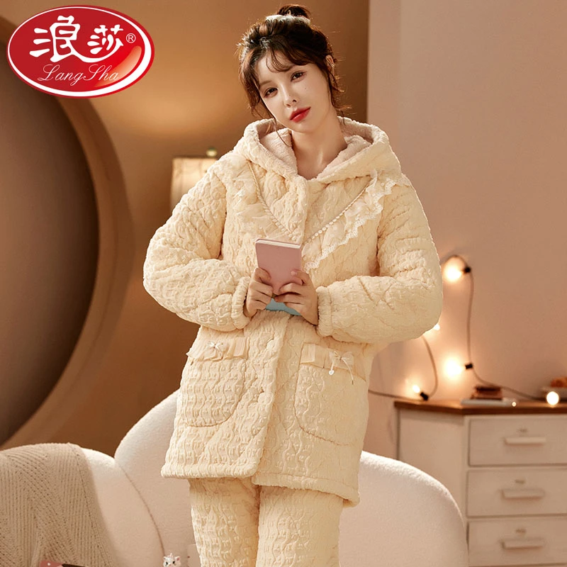 浪莎女士睡衣珊瑚绒冬季三层夹棉保暖加绒加厚家居服套装厚棉衣23