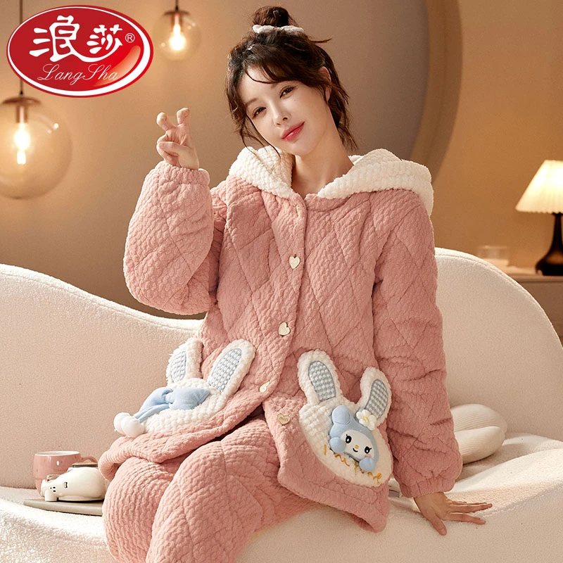 珊瑚绒睡衣女三层夹棉冬季保暖加绒加厚家居服套装suibao2354