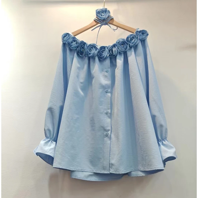 法式衬衫女秋季新气质时尚设计感立体花朵一字肩长袖别致上衣