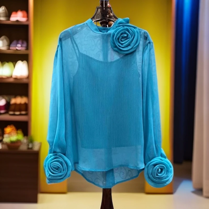 高级立体花洋气衬衫长袖薄款设计感黑色夏季连衣裙小众法式休闲