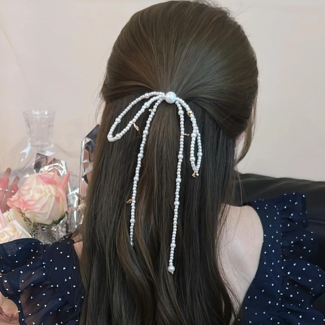 蝴蝶结串珠流苏U型发簪2024新款高端步摇女日常盘发发钗簪子发饰