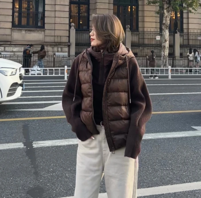 高品质拼毛线袖子时尚宽松百搭保暖羽绒服Y168