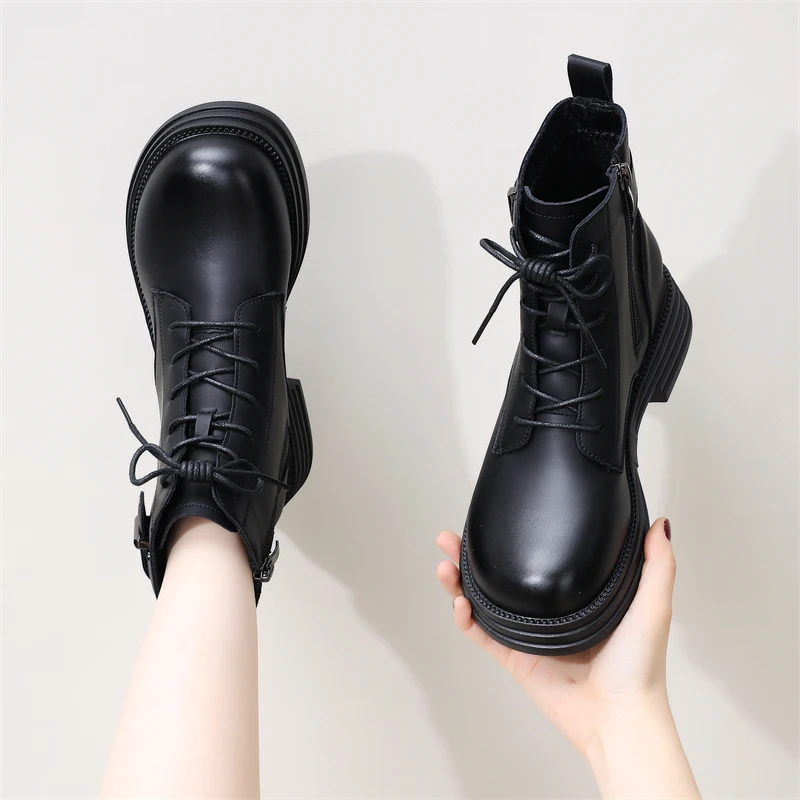 真皮马丁靴女英伦风2023新款冬季加绒瘦瘦靴平底流行短靴42大码41