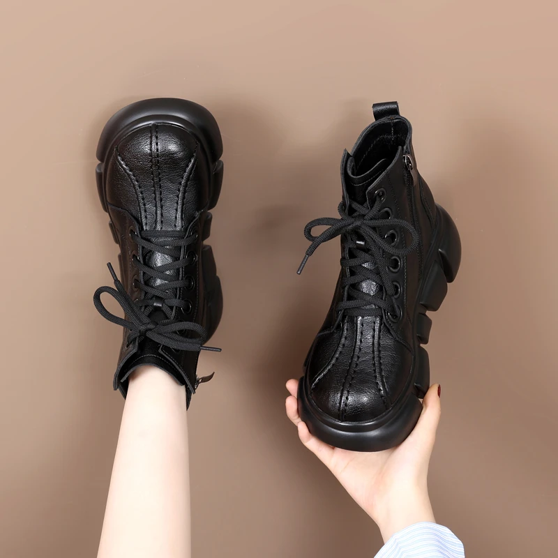 真皮厚底马丁靴女2023新款英伦风秋季增高单靴松糕复古短靴小码34