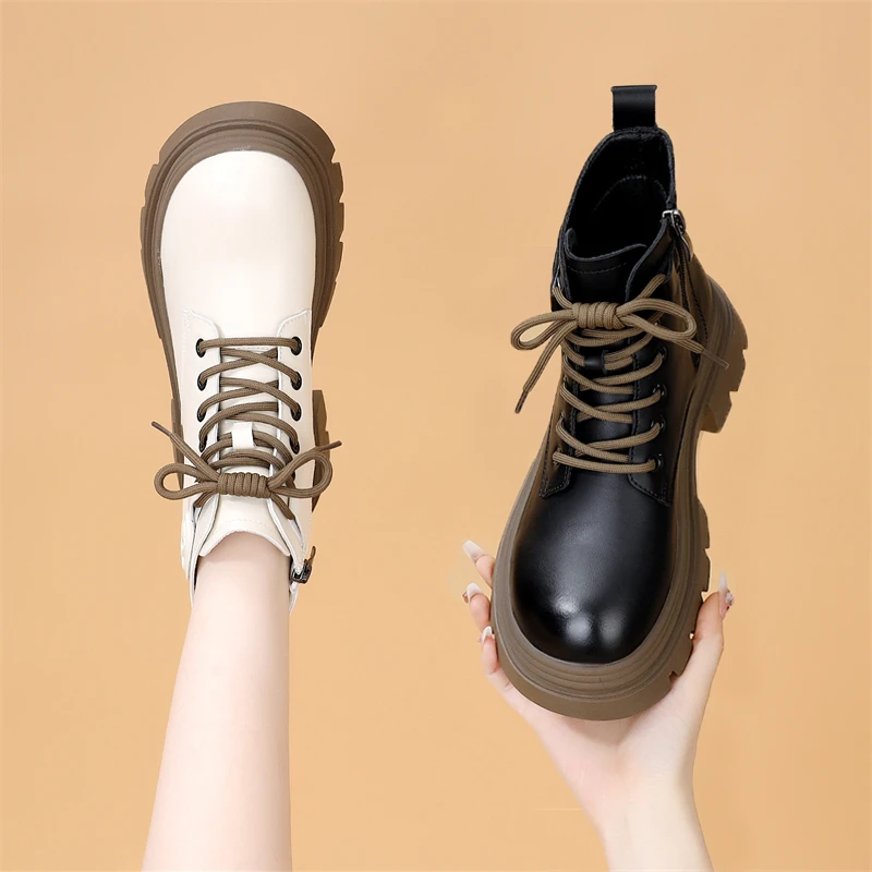 厚底马丁靴女2024冬季新款美拉德白色单靴增高显瘦炸街加绒短靴子