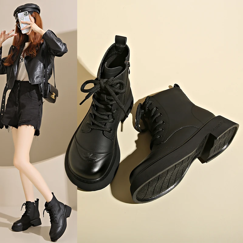 厚底马丁靴女款2024冬季新款英伦风增高显脚小配裙女士系带短靴子