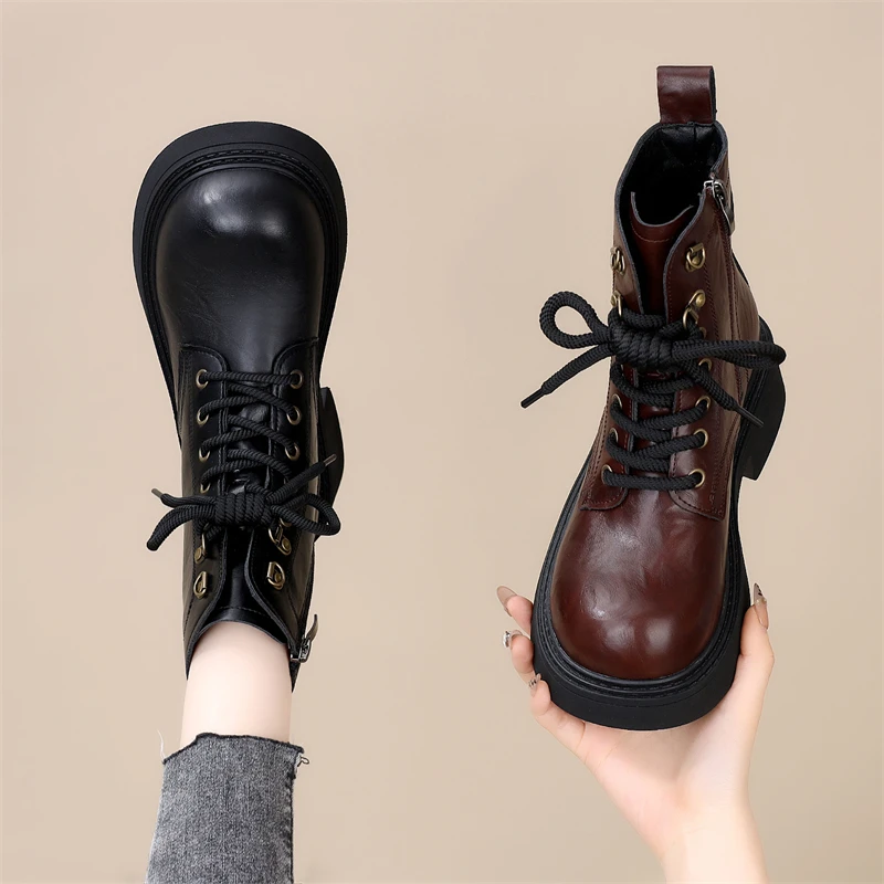 厚底马丁靴女2024秋冬新款英伦风增高洋气系带单靴百搭爆款短靴子