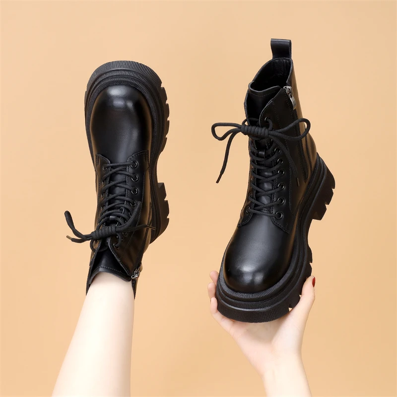 真皮厚底马丁靴女2023新款英伦风冬季加绒机车靴高帮显瘦炸街短靴