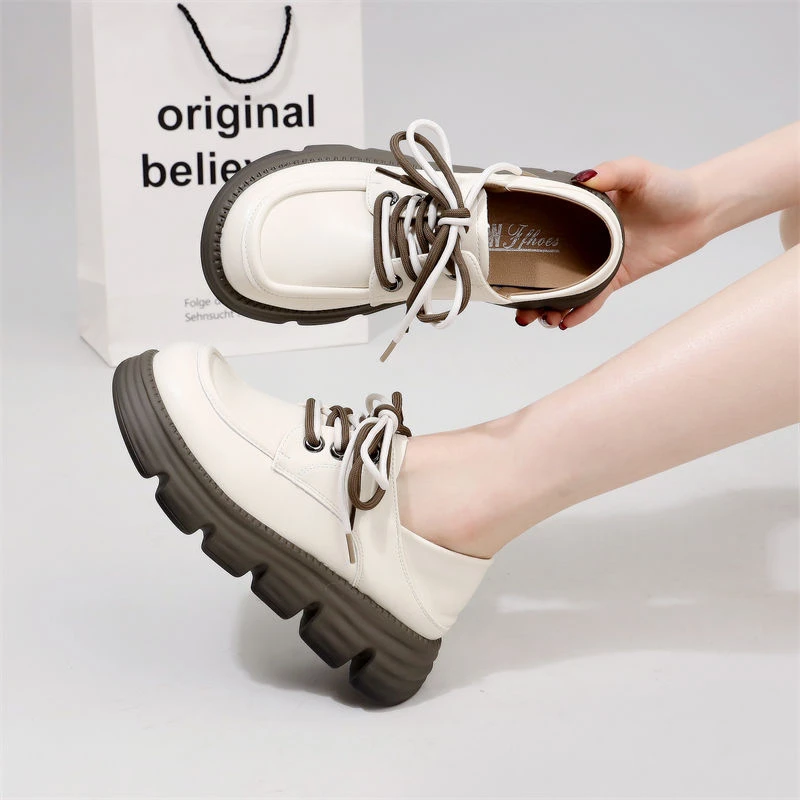 厚底乐福鞋女英伦风2025年新款秋季透气单鞋白色两穿小皮鞋小码34