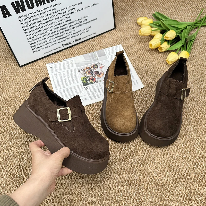 厚底勃肯鞋女2025新款冬季低帮一脚蹬显瘦单鞋绒面增高配裙乐福鞋