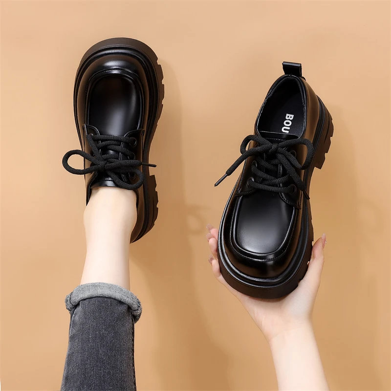 真皮厚底乐福鞋女英伦风2024春季新款增高软底单鞋爆款系带小皮鞋