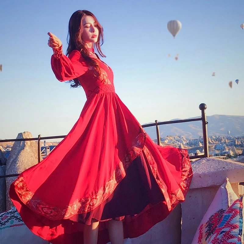 复古红色大摆民族风连衣裙青海湖西藏沙漠度假旅游草原长裙QZ0325