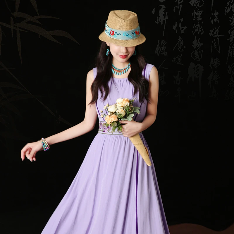 两人故事复古民族风无袖连衣裙修身显瘦绣花女2023年夏季QZ1411