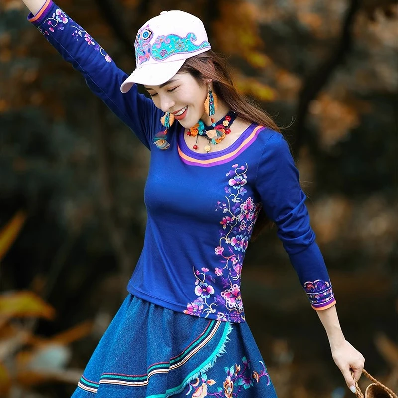 两人故事复古民族风印花女装名族风小衫女长袖秋冬T恤衫秋TX0995