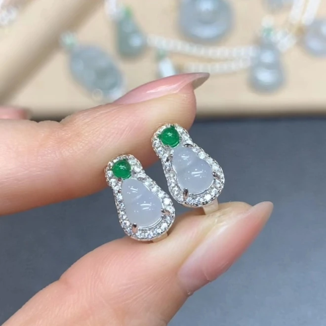 四会-(EH-12-1)葫芦耳包-s925银镶翡翠耳饰首饰多样性发其一