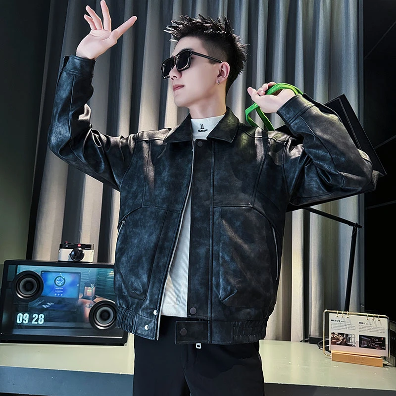 男士皮衣外套春秋季潮牌男装翻领皮夹克2024新款痞帅休闲短款外衣