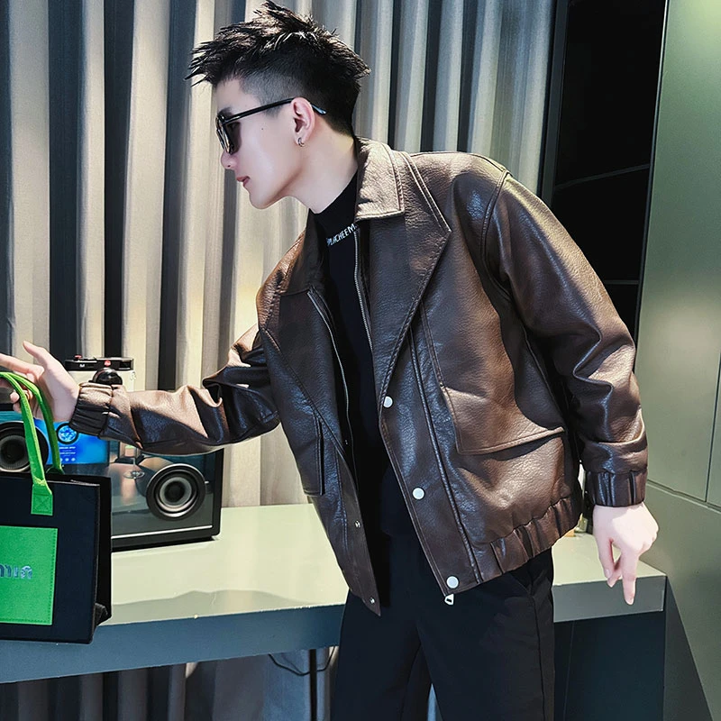 男士皮衣外套春秋季2025新款爆款高级感痞帅男装假两件翻领皮夹克