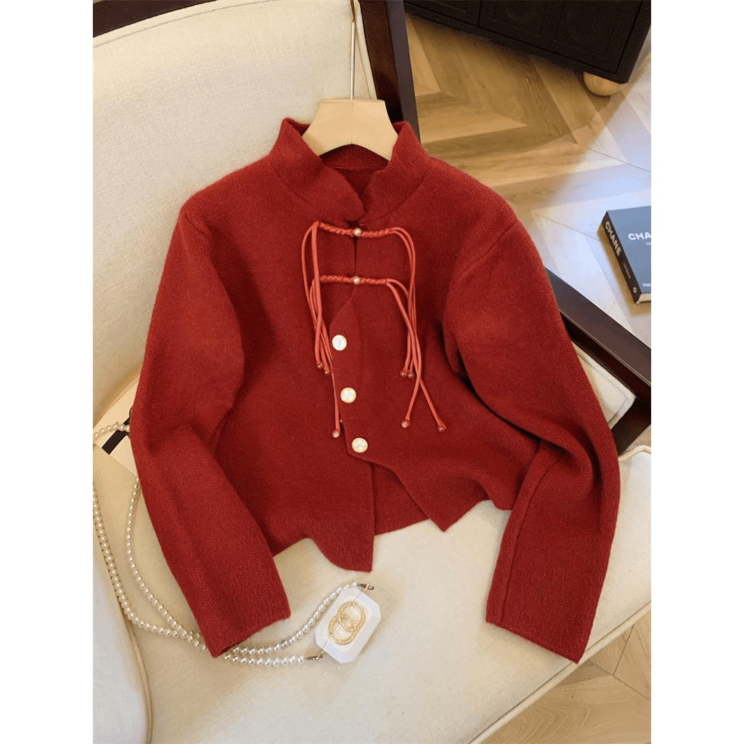 新中式红色毛衣女冬装复古流苏盘扣针织开衫国风气质立领上衣外套