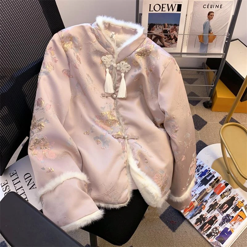 粉色新中式国风棉服外套女冬季加绒小香风汉元素盘扣刺绣订婚棉衣