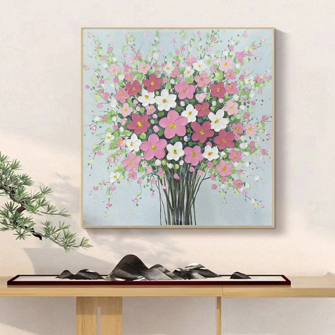 339-28 大《花开富贵》简约奶油风手工油画餐厅卧室玄关柜挂画