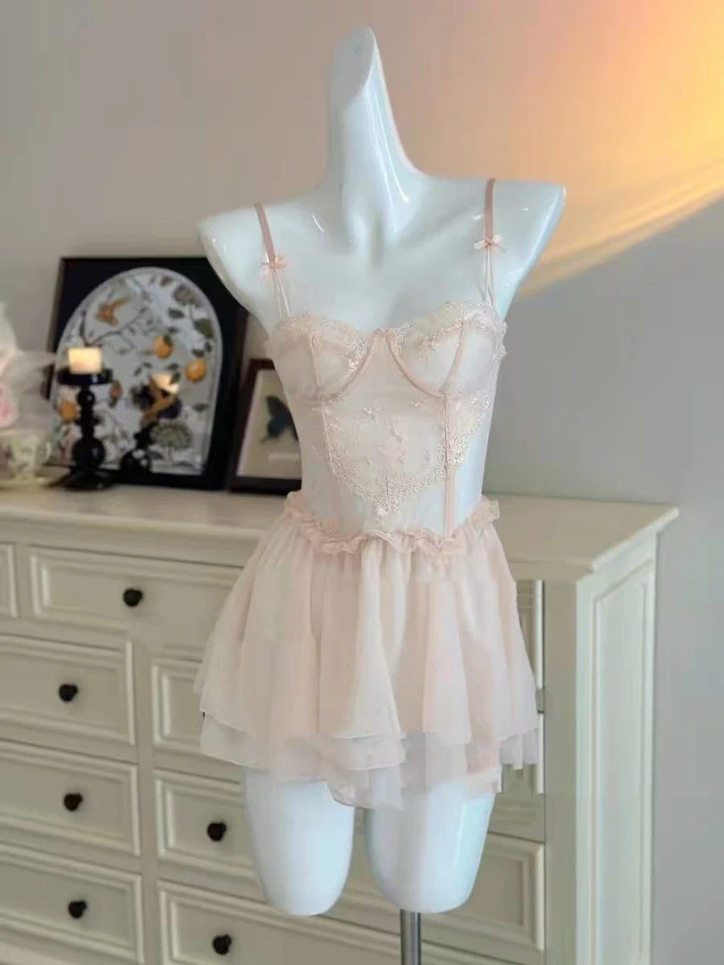 【奶油糖霜】纯欲蕾丝钢托网纱性感睡裙女吊带睡衣情调私房气质