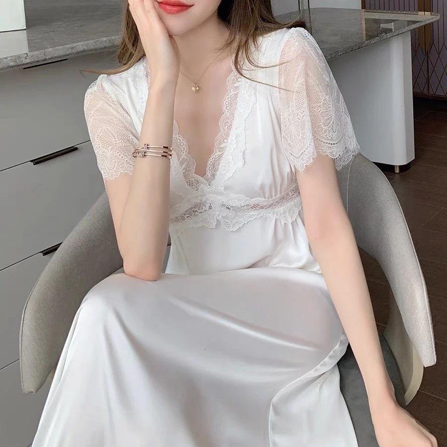 长款甜美小贵妇短袖带胸垫冰丝睡裙可爱公主纯欲睡衣丝滑家居服