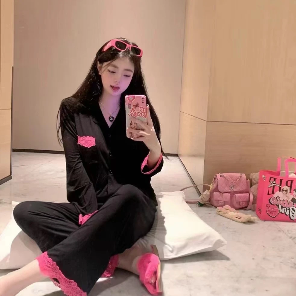 【粉墨】秋冬季高级感气质海岛绒简约柔软亲肤睡衣女长袖套装家居服