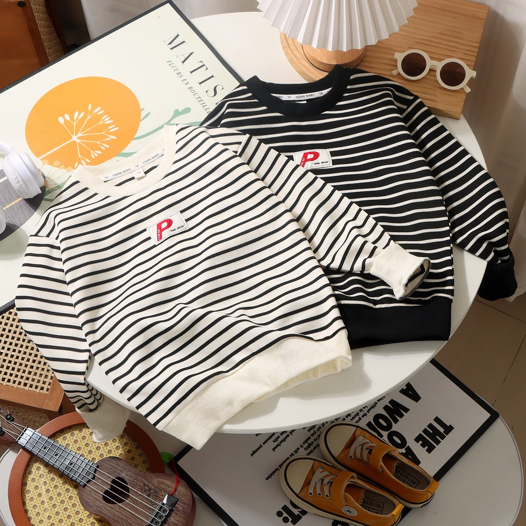 【清仓】重磅珠地棉男女童条纹长袖新款中大童圆领宽松运动百搭爆款