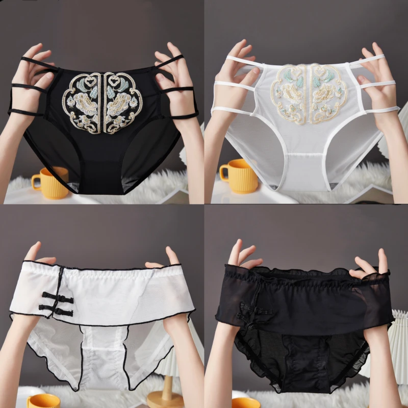 4条装性感提臀大码三角裤国风复古刺绣女士内裤中高腰网纱舒适