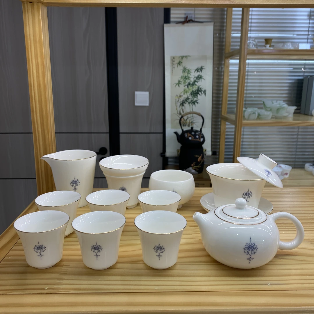 描金净水青莲12件茶具套装 悬停旋转盖碗西施壶 安全包装