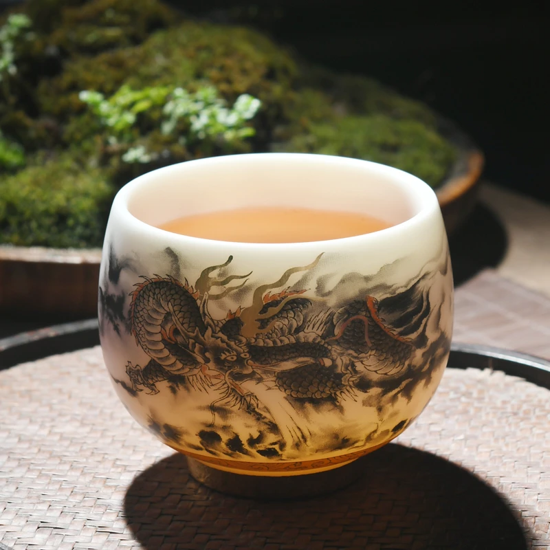 素烧白瓷主人杯飞龙在天单杯个人专用茶杯茶具茶盏碗陶瓷品茗杯