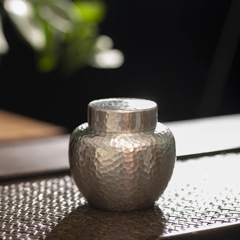 纯锡茶叶罐锤纹复古茶道便携随身茶仓户外喝茶密封罐家用迷你小号