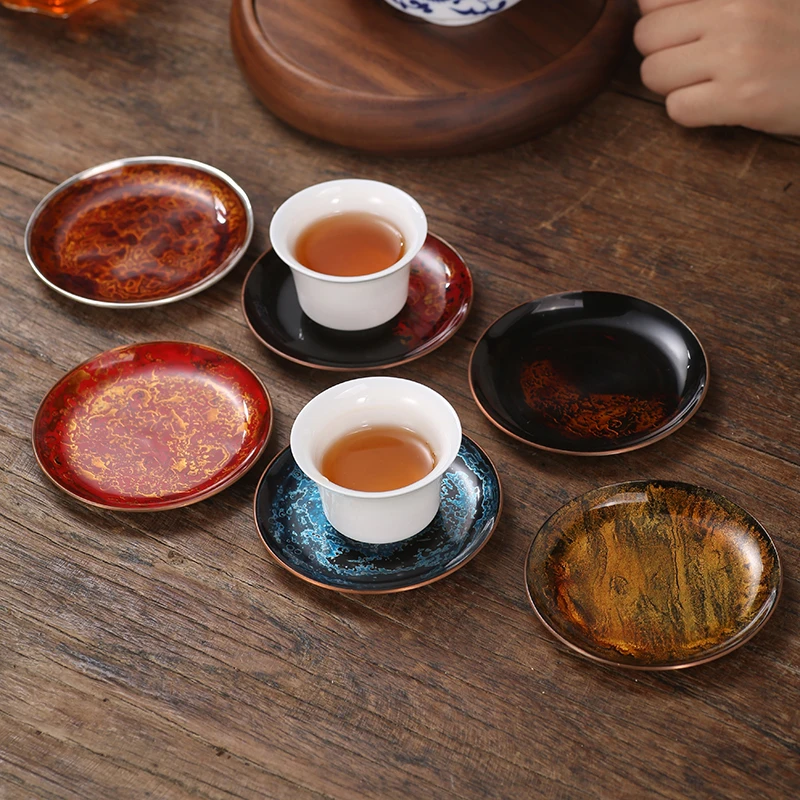 大漆杯托主人杯垫纯紫铜坯胎圆形手工功夫茶具茶道配件日式隔热托