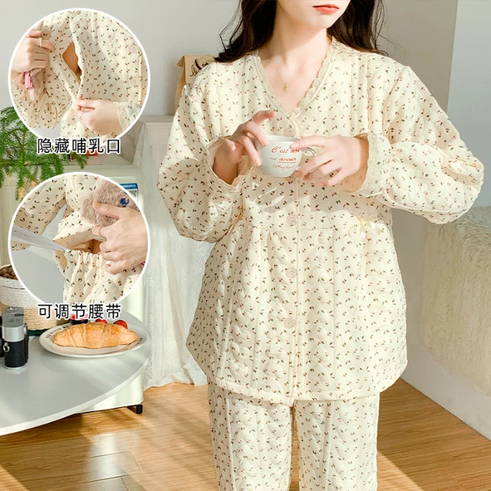 纯棉月子服秋冬空气棉孕妇睡衣大码加大产妇家居产后喂奶哺乳睡衣