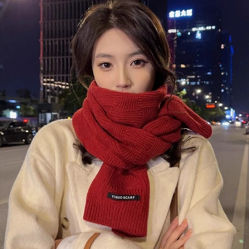 保暖格子针织围巾墨绿色围巾新款ins冬款秋冬高级感三角脖套羊毛