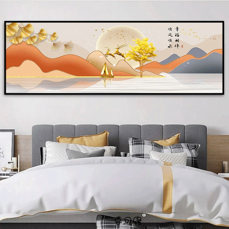 中式禅意床头装饰画现代简约抽象床头自粘贴画卧室横款墙纸墙画