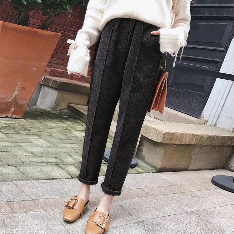 人字呢拼缝西装奶奶裤 显瘦磨绒显腿直裤子