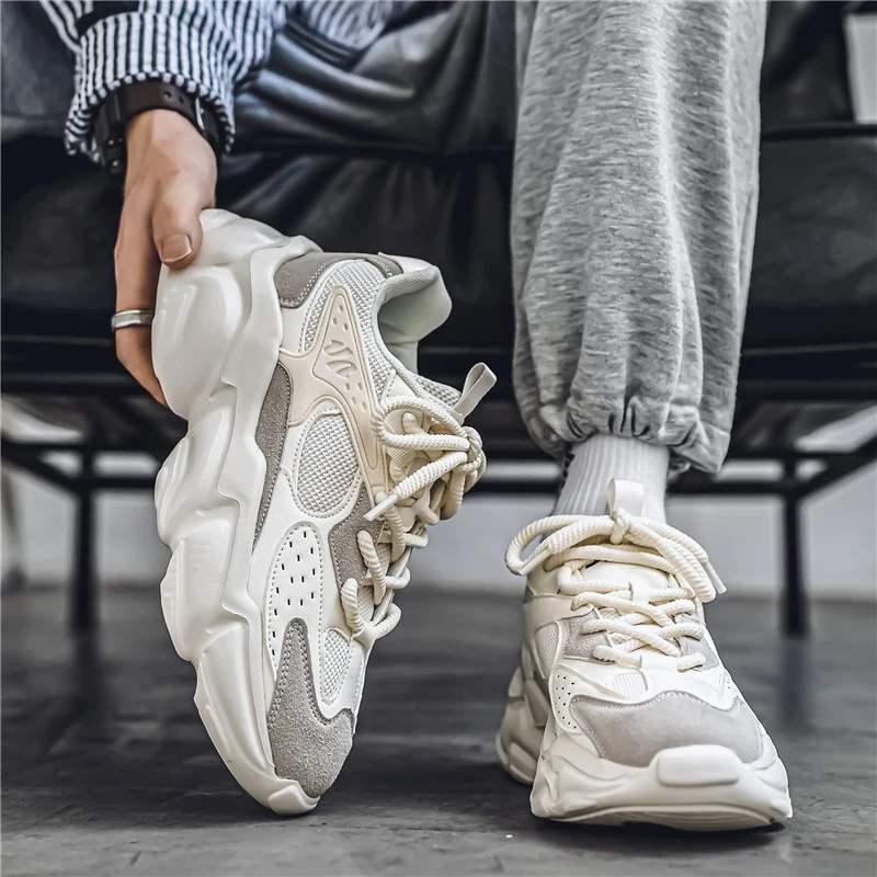 新款米色黑色灰色老爹鞋百搭透气网面潮鞋厚底运动鞋男鞋潮流跑步